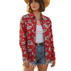 Casual Red Button-Down Western Print Shirt